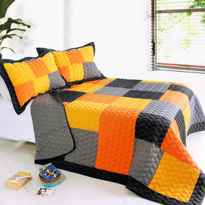 Black Orange Grey Patchwork Teen Boy Bedding Full/Queen Quilt Set Colorblock Bedspread