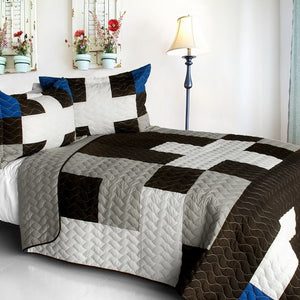 Black White Grey Patchwork Teen Boy Bedding Full/Queen Quilt Set Bedspread
