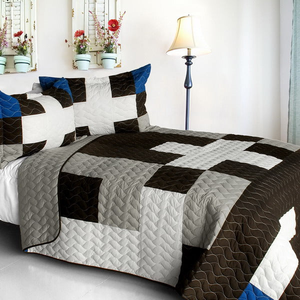 Modern Grey White Black & Blue Patchwork Boys Bedding Full/Queen Quilt Set Teen Bedspread