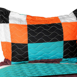 Turquoise Blue Orange Black & White Geometric Teen Bedding Full/Queen Quilt Set - Pillow Sham