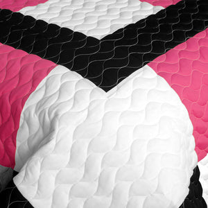 Black Pink White & Sky Blue Geometric Block Patchwork Teen Girl Bedding Full/Queen Checkered Quilt Set Modern Bedspread