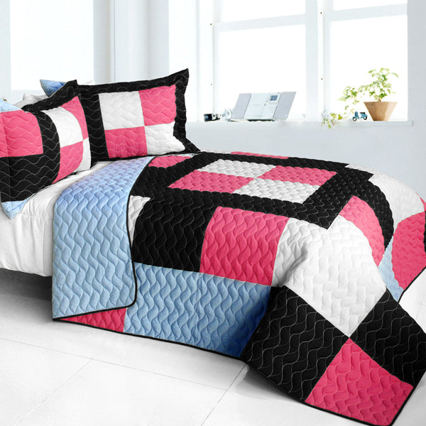 Black Pink White & Sky Blue Geometric Block Patchwork Teen Girl Bedding Full/Queen Checkered Quilt Set Modern Bedspread