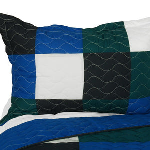 Elegant Blue Green White Navy Checkered Teen Boy Bedding Full/Queen Quilt Set - Pillow Sham
