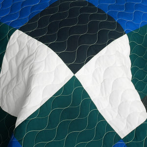 Elegant Blue Green White Navy Checkered Teen Boy Bedding Full/Queen Quilt Set - Detail