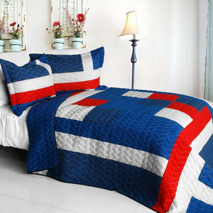 Blue Red & White Striped & Checkered Geometric Boys Bedding Full/Queen Quilt Set Modern Bedspread