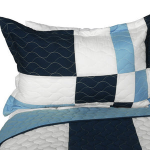 Blue White Patchwork Geometric Teen Boy Bedding Full/Queen Quilt Set