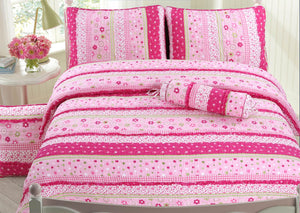 Pink Polka Dot Lace Floral Striped Girl Bedding Twin Full/Queen Cotton Quilt Set