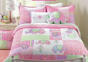 Luxury Cotton Pink Elephant Patchwork Floral Paisley Print Little Girl Bedding Full/Queen Quilt Set Quilted Coverlet Bedspread