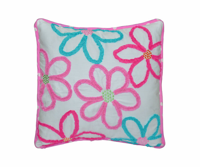 Pink Blue Ruffled Flowers Decorative Throw Pillow Cotton 18" x 18" Kid Girl