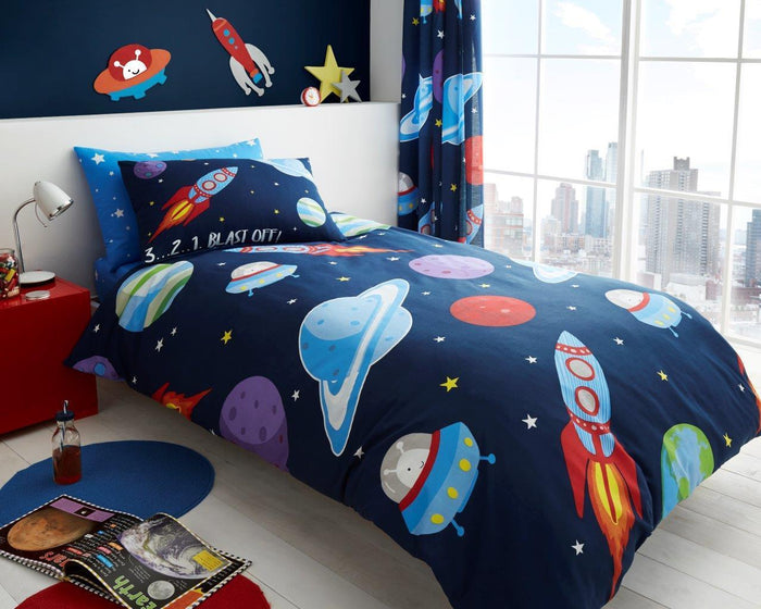 Parure de lit pour enfant Outer Space Blast Off avec housse de couette pour lit double, motif fusée, bleu marine, OVNI et planètes