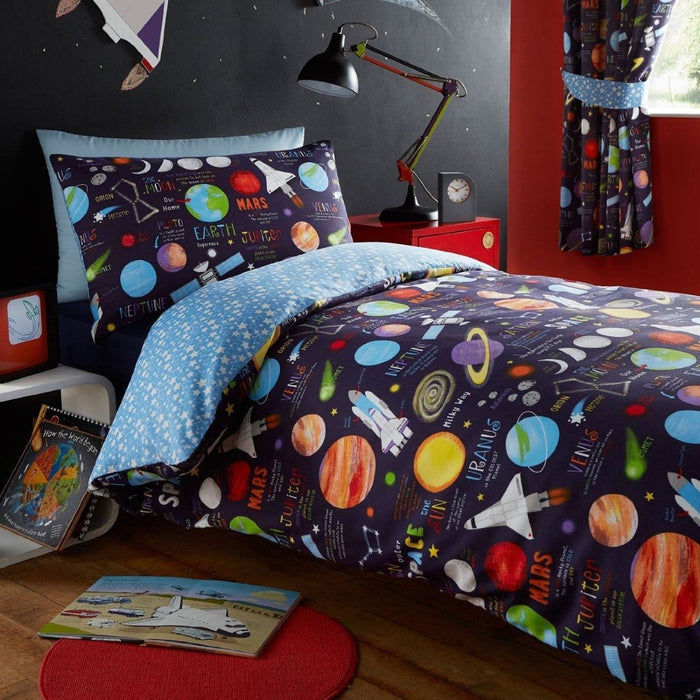 Blue Outer Space Planets Boys Bedding Twin Duvet Cover Set Rockets Stars Navy Reversible