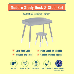 Modern Kids Homework Study Craft Kids Desk Table & Stool Chair 2pc Furniture Set White or Gray 26" x 24" x 16" with Edge