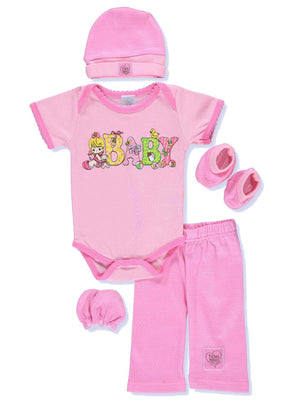 Precious Moments Baby Girl Clothing Outfit 5pc Pink Layette Gift Set Newborn 0-3 Months - Bodysuit Pants Hat Mitts Baby Shower