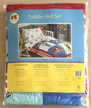 Fire Truck Firemen Police Car Rescue Heroes Toddler Bed in a Bag Comforter & Sheet Set Bedding Blue & Red Cotton