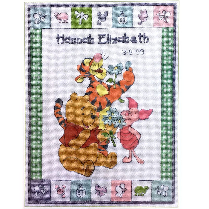 Vintage Disney Winnie The Pooh Bear 'Welcome Baby' Counted Cross Stitch Kit or PDF Chart Pattern Keepsake Baby Birth Announcement Record Sampler 11" x 14" Friends Tigger Piglet with Flowers 1132-23 New