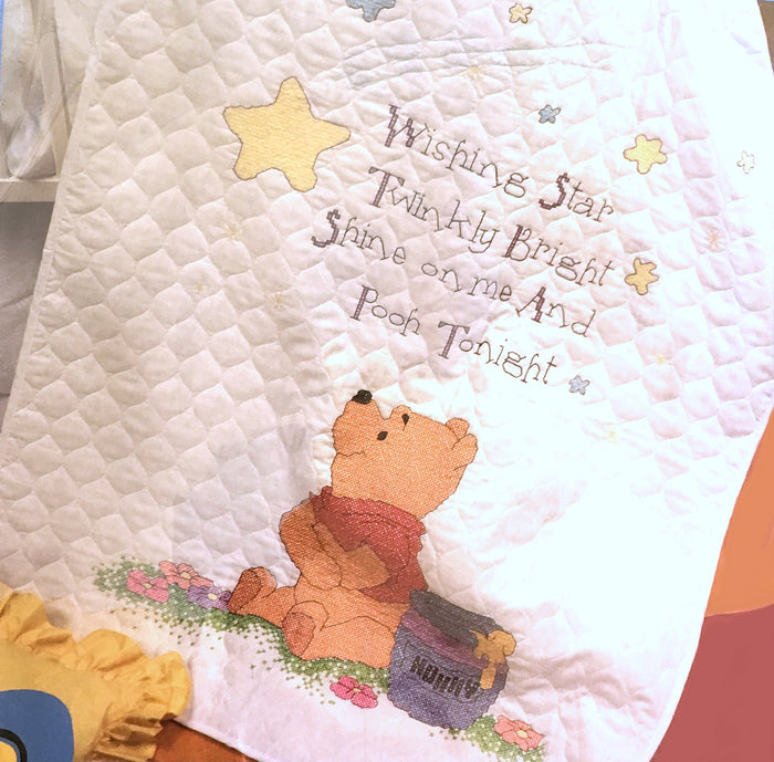 New Vintage Walt Disney Winnie The Pooh Bear Counted Cross Stitch 'Wishing Star' Keepsake Baby Gift Nursery Crib Blanket Quilt Kit 34" x 43" Vintage