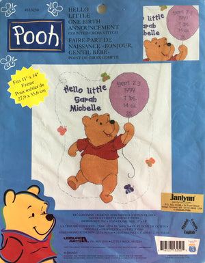 Disney Winnie The Pooh with Balloon Hello Little One Counted Cross Stitch Baby Birth Announcement Kit or PDF Pattern Chart Instructions Keepsake Record Sampler 11" x 14" 1132-50