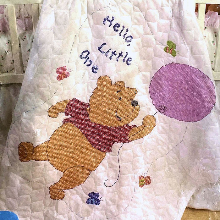 New Vintage Disney Winnie The Pooh with Balloon Baby Nursery Crib Quilt Kit Counted Cross Stitch Hello Little One Keepsake Blanket 34" x 43"