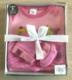 Precious Moments Baby Girl Clothing 5pc Pink Layette Gift Set Newborn 0-3 Months - Bodysuit Pants Hat Mitts