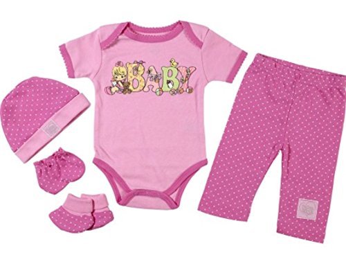 Precious Moments 5pc Baby Girl Gift Boxed Set Pink & Polka Dot Layette Clothing 0-3 Months - Hat Mittens Booties One-Piece / Onesie Bodysuit Creeper & Pants Baby Shower Gift
