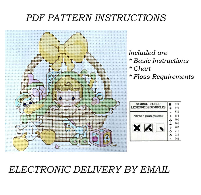 Precious Moments Baby In a Basket & Stork PDF Cross Stitch Pattern Chart Baby Bundles from Above Birth Announcement Sampler Baby Shower