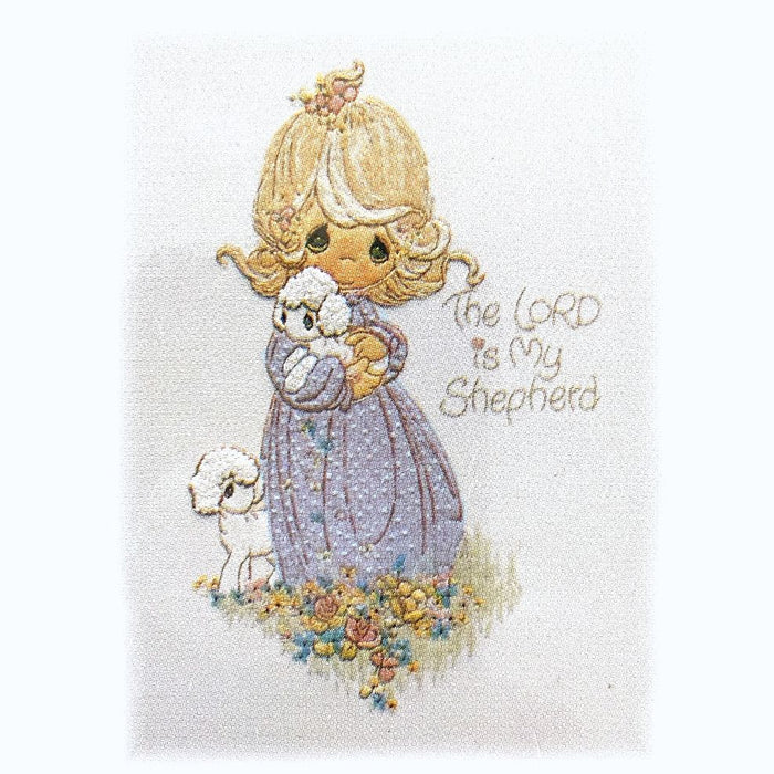 Vintage 1985 Precious Moments Girl with Sheep The Lord is My Shepherd Paragon Needlecraft Stitchery Picture Kit 11" x 14" for Enesco Collector's Club
