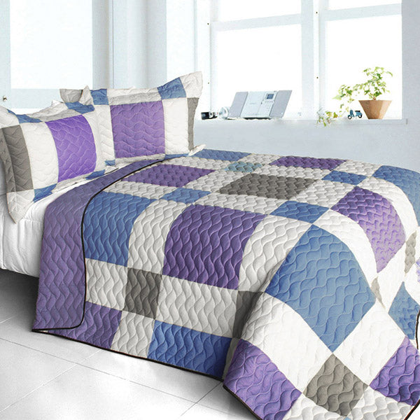 Purple Blue Tan & White Patchwork Teen Bedding Full/Queen Quilt Set Modern Geometric Bedspread