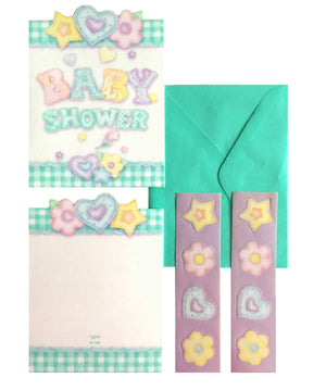 Baby's Quilt Baby Shower Invitation Cards 8 CT or 25 CT - Green Gingham Hearts & Flowers