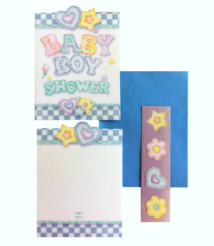 Baby's Quilt Baby Boy Shower Invitation Cards 8 CT - Blue Checkered Hearts & Stars