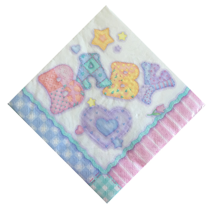 Baby's Quilt Baby Shower Napkins - Hearts Flowers Stars - Dessert or Luncheon Boy/Girl Pink Blue Green