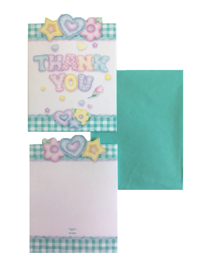 Baby's Quilt Baby Shower Thank You Cards 8 CT - Green Gingham Hearts Flowers & Stars