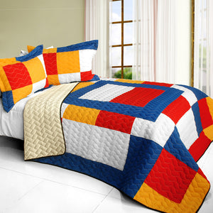 Blue Red White Orange & Tan Block Patchwork Teen Boy Bedding Full/Queen Checkered Quilt Set Modern Bedspread