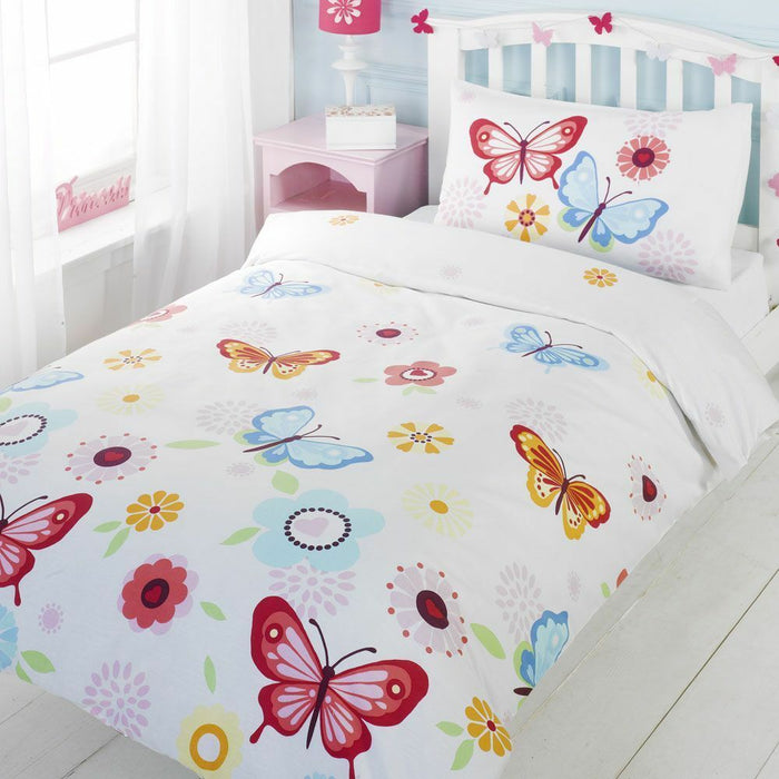 Dancing Butterfly Girl Bedding Duvet Comforter Cover Set Toddler or Twin Size Butterflies & Flowers Pink Blue White