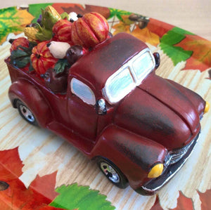 Red Farmhouse Truck & Harvest Pumpkins 7" Fall Decor