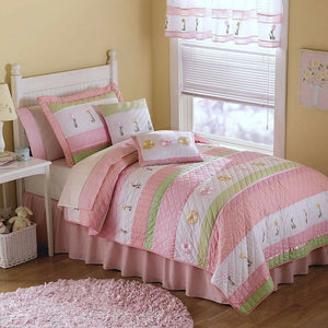 Elegant Pastel Pink & Green Floral Striped Cotton Girl Bedding Twin Embroidered 2pc Quilt Set Tara Stripe Bedspread