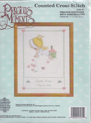 Precious Moments Counted Cross Stitch "Precious Keepsakes' Angel Baby Birth Announcement Kit 11" x 14"