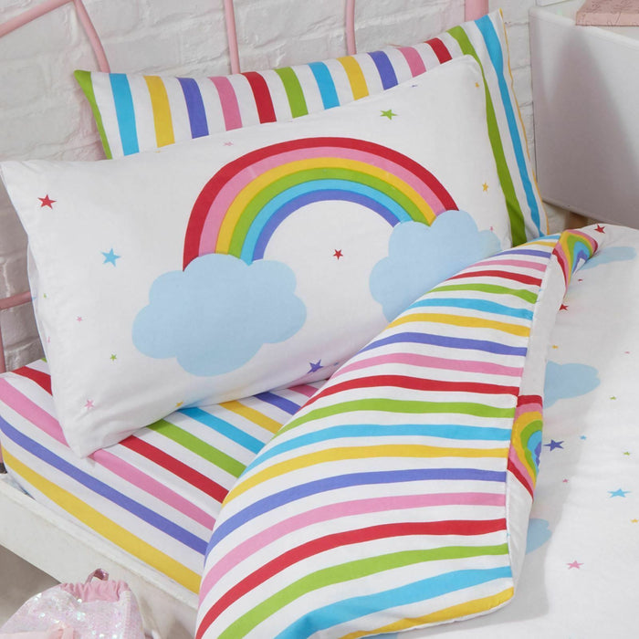 Rainbow Striped Toddler or Twin Kids Fitted Sheet & Pillowcase Set