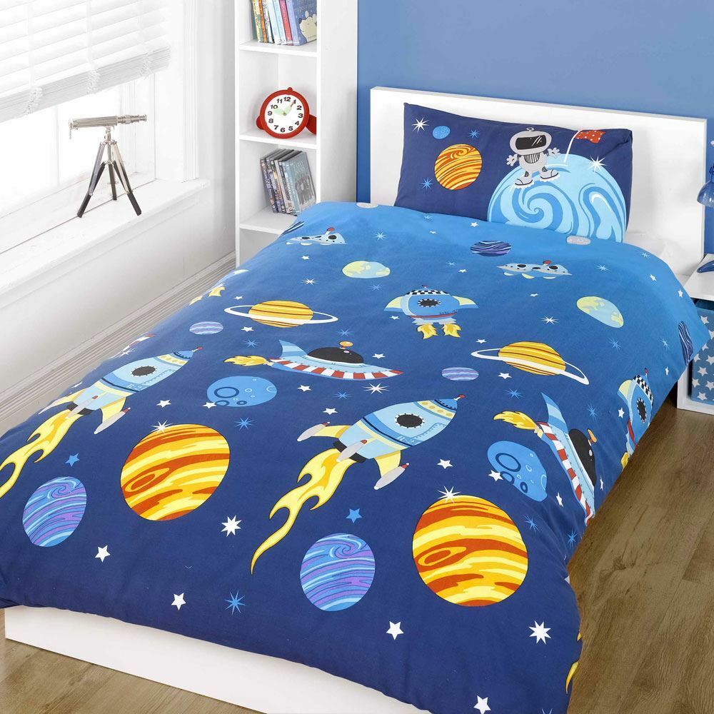 Blue Outer Space Rocket Planets Kids Bedding Twin Duvet Comforter Cover Set