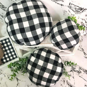 Buffalo Check Plaid Fabric Plush Pumpkins Fall Decor 3pc Set Black White Gingham Print