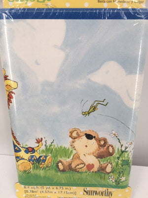 Little Suzy's Zoo Meadow Grass Clouds Wallpaper Wall Border Baby Animals Duck Bear Bunny Giraffe - Nursery or Playroom, Pre-Pasted