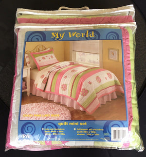 Luxury Cotton Pink Green Ladybug Girls Bedding Twin Ruffled Quilt Set Embroidered Appliqued