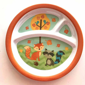 Forest Woodland Animals Kids Child Plastic Placemat & Feeding Plate Fall Harvest Thanksgiving - Fox Squirrel Raccoon Hedgehog - Discounted / Factory Flaw