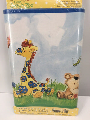 Vintage Little Suzy's Zoo Nursery Wallpaper Border - Meadow Grass Clouds Baby Animals Ducky Bear Bunny Rabbit & Giraffe Baby Toys Pre-Pasted