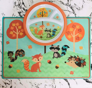 Forest Woodland Animals Kids Child Plastic Placemat & Feeding Plate Fall Harvest Thanksgiving - Fox Squirrel Raccoon Hedgehog