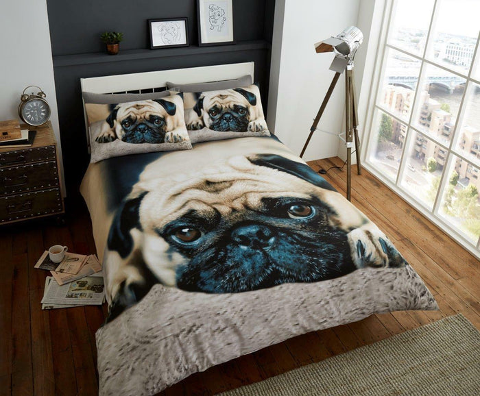 Sweet Pug Dog Print Full or Queen Bedding Grey Duvet / Comforter Cover Set Photo Print