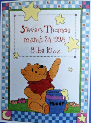Vintage New Disney Winnie The Pooh Bear Wishing Star & Honey Pot Cross Stitch Baby Birth Announcement Kit or PDF Pattern Chart Instructions 11" x 14" Keepsake Record Sampler 1132-47