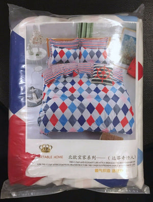 Red Blue White Diamond Nautical Striped Bedding 4pc Queen Duvet Cover Set
