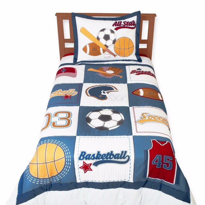 All Sports Kids Bedding Twin Comforter Set Cotton Sport Blue Basketball Soccer Football Baseball