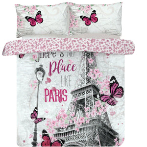 Romance in Paris Bedding Eiffel Tower Duvet Cover Pink Floral Butterflies