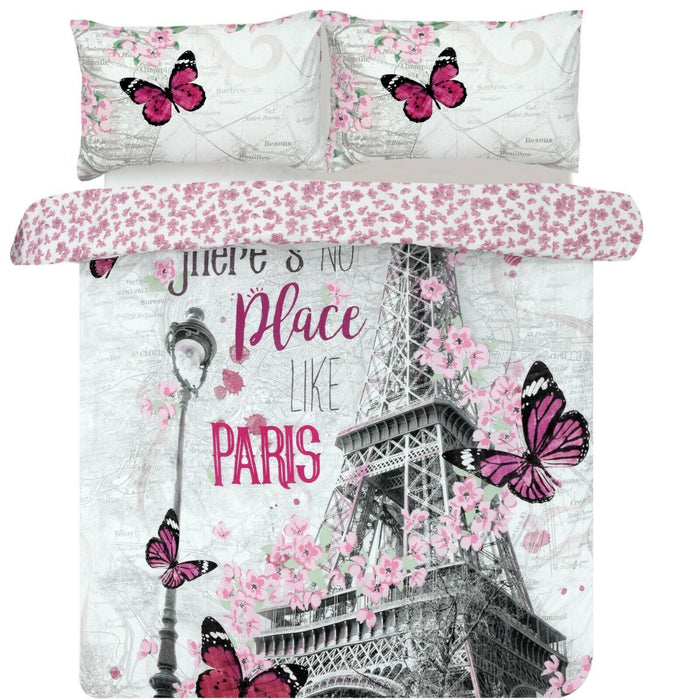 Romantic Eiffel Tower Paris Bedding Full Duvet Cover Set Pink Flowers & Butterflies
